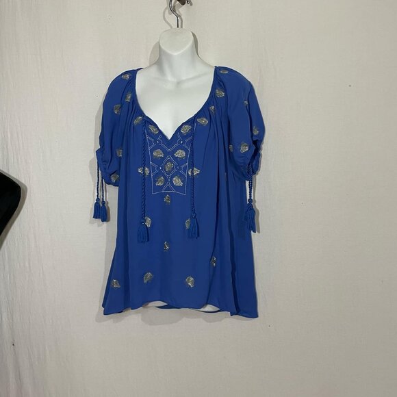 Gibson Latimer Tops - Gibson Latimer Royal Blue Blouse W Silver Embroidery